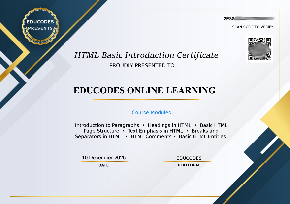 EduCodes HTML Basic Introduction Certificate preview
